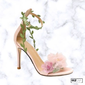 Handmade Pink Fairy Wedding Heels: Floral Bridal Sandals with Chiffon Flower Ankle Strap - High Heel Flower Summer Sandals - Wedding Fashion