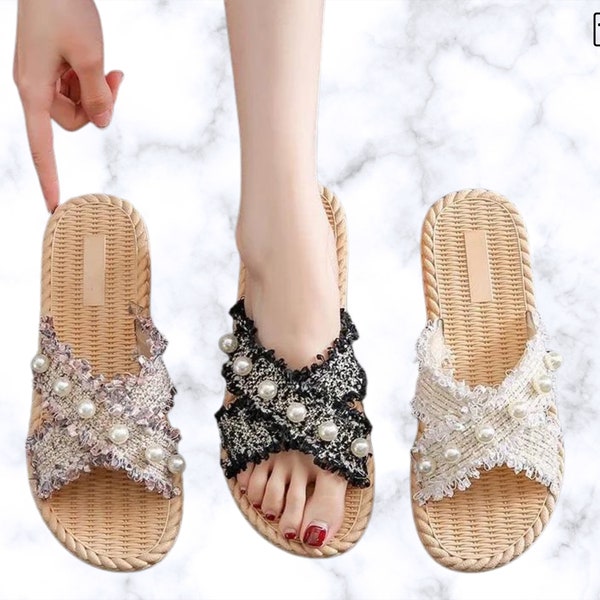 Korean Style Handmade Cotton Fabric Slides: Designer Beach Women's Slippers with String Bead Detailing, Open Toe Flat Shoes - Summer Fashion