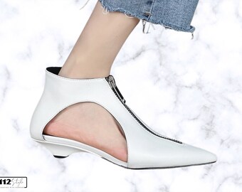 Handmade Designer Summer Genuine Leather Women's Casual Boots - Black and White Trendy Fashion Pointed Toe High Heels Zipper Shoes