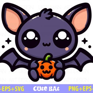 May include: A cute cartoon bat illustration holding an orange pumpkin. The bat is purple with large black eyes, pink ears, and wings. The image includes the text "Cute Bat" and "PNG+EPS+SVG".