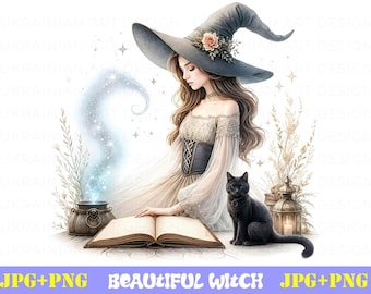 Beautiful Witch Clipart JPG, Halloween Clipart, Witch illustration, High Res, Digital Download, Fantasy, Scrapbooking, Card Making