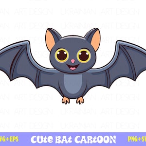 Puede incluir: Una ilustración de dibujos animados de un lindo murciélago sonriente con grandes ojos redondos. El murciélago es gris con alas negras y una nariz rosa. El murciélago está volando con las alas extendidas.
