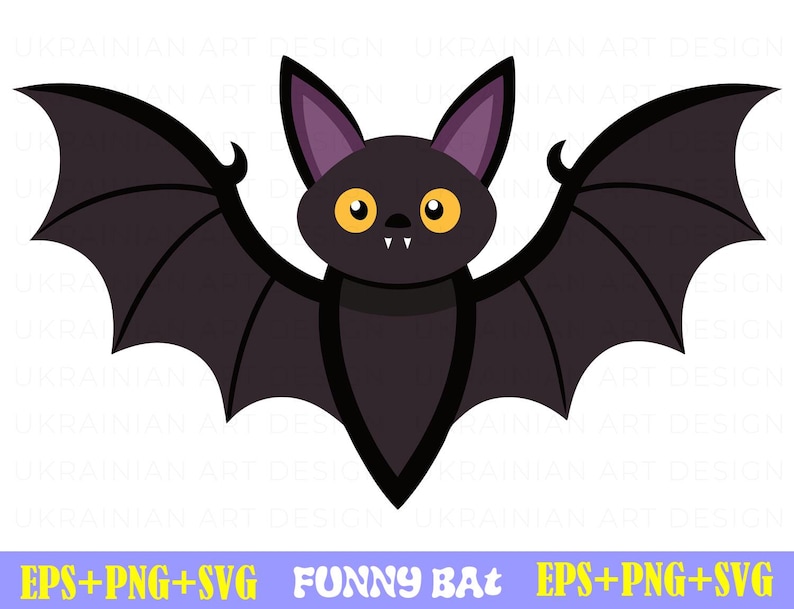 May include: A cartoon black bat with yellow eyes and purple ears. The bat has large wings and is flying.