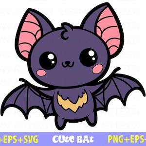 May include: A cute cartoon bat illustration with large eyes, pink ears, and a yellow chest detail. The bat is purple with black wings and is designed in a kawaii style. Text at the bottom reads "Cute Bat" and "PNG+EPS+SVG".