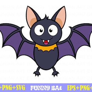 Puede incluir: Una ilustración de dibujos animados de un murciélago morado con un collar amarillo y ojos grandes. El murciélago está sonriendo y tiene las alas extendidas.