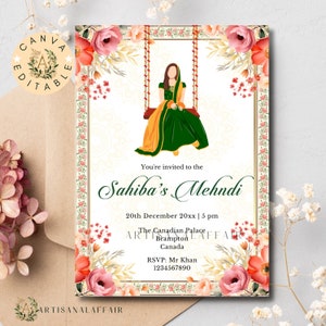 Modèle d'invitation numérique Mehndi, modifiable Canva, invitation haldi, invitation Mayoon, carte Mayun, invitation mariée Haldi, invitation maya