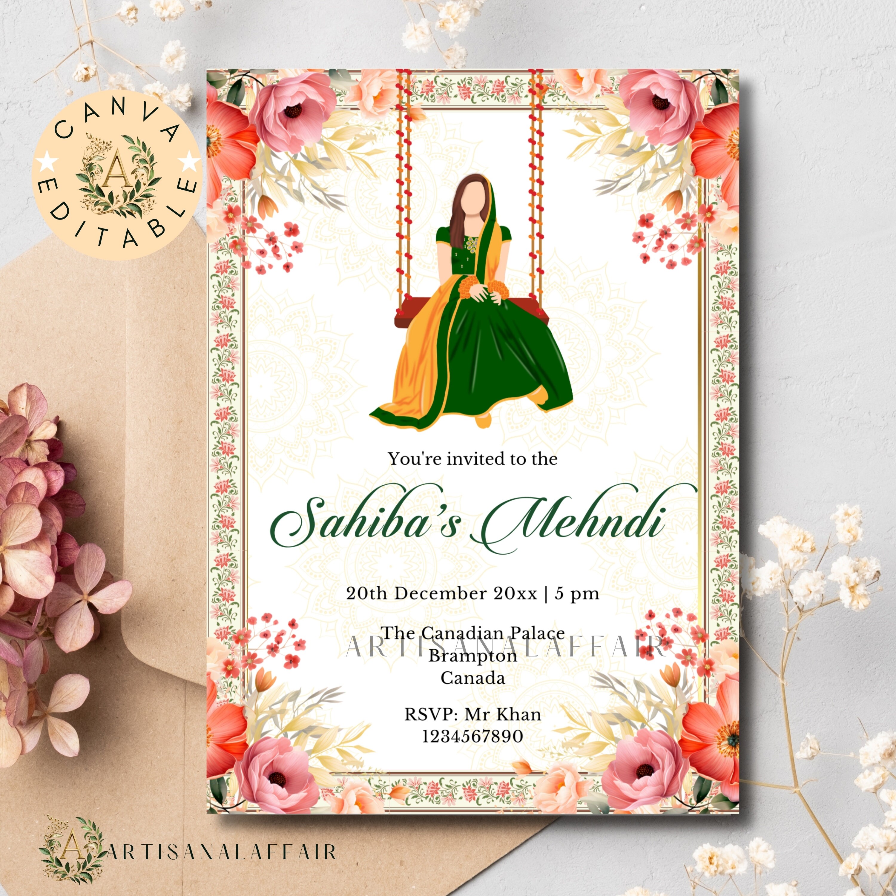 Digital Mehndi Invitation Template Canva Editable Haldi Invite Mayoon ...