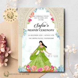 Modèle d'invitation Mehndi pastel Carte d'invitation Mehndi élégante Mariée personnalisable Carte au henné Invitation numérique Mehndi modifiable sur toile