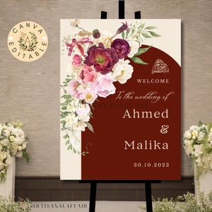 Floral Burgundy Muslim Wedding Welcome Sign Islamic wedding welcome sign Nikah Poster Walima Reception sign Board Canva editable Nikkah sign