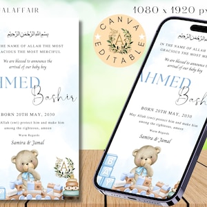 Blauwe teddy sjabloon voor geboorteaankondiging moslim Digitale kaart voor islamitische babygeboortekaart Sjabloon voor geboortekaartje moslim baby Canva