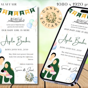 Digital Islamic baby birth announcement template card Muslim baby girl birth announcement template canva editable Muslim baby birth card