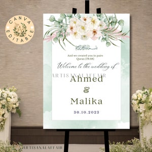 Green Muslim Wedding Welcome Sign Floral green & white Editable Nikkah Welcome Poster Walima Reception Board Signage Valima welcome signs
