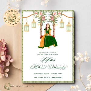 Elegante Grün Mehndi Einladung Vorlage Dholki Invite Canva Bearbeitbare Henna einladung Vorlage Mehndi Evite Mayoun Invite Mayian einladung