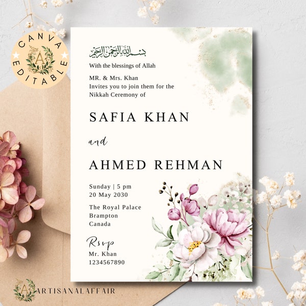 Elegant Muslim wedding invitation Floral Islamic wedding invitation Nikkah invitation template Digital Nikah invite Walima invitation Canva