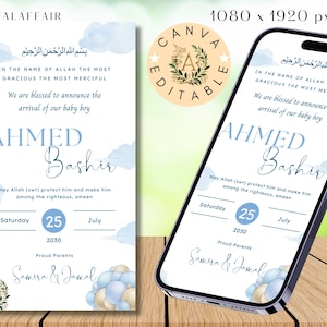 Minimal Islamic Baby birth announcement template Muslim baby boy birth announcement card Muslim baby birth mobile announcement template card