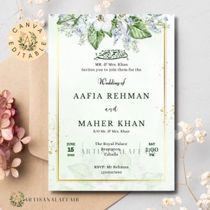 Editable Muslim Wedding Invitation template Digital Islamic wedding invitation Green Walima invitation card Nikkah invitation template Canva