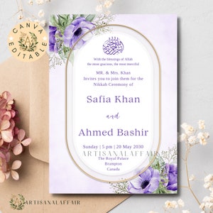 Plantilla de invitación nikkah púrpura Plantilla de invitación de boda musulmana digital Invitación de boda islámica digital Tarjeta de invitación floral Walima