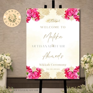 Elegant Muslim wedding welcome sign Nikkah welcome sign board Mandala Islamic wedding welcome poster Pink floral Nikkah welcome signage