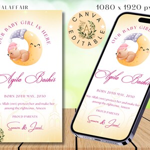 Muslim baby birth announcement Teddy themed birth announcement Islamic birth announcement template Muslim baby Girl announcement card Canva