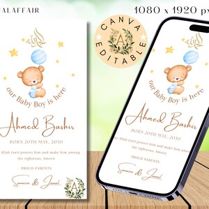 Género neutral Plantilla de anuncio de nacimiento de bebé musulmán Tarjeta de nacimiento de niño musulmán Plantilla de nacimiento de niña musulmana Anuncio de nacimiento islámico