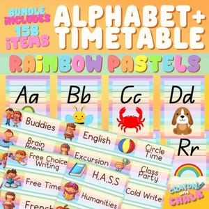 May include: A colorful educational bundle featuring an alphabet and timetable theme. The design includes the text "ALPHABET + TIMETABLE" and "RAINBOW PASTELS". The image displays illustrated letters, animals, and words like "Buddies" and "English".