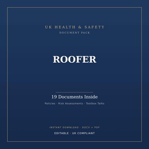 Può includere: Un pacchetto di documenti blu navy con testo dorato che recita "UK HEALTH & SAFETY DOCUMENT PACK" e "ROOFER". Il pacchetto include 19 documenti ed è disponibile per il download immediato nei formati DOCX e PDF.