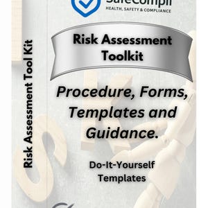 May include: A white box titled "Risk Assessment Toolkit" with the SafeCompli logo. The box includes the text "Procedure, Forms, Templates and Guidance." and "Do-It-Yourself Templates." The website www.safecompli.co.uk is also visible.