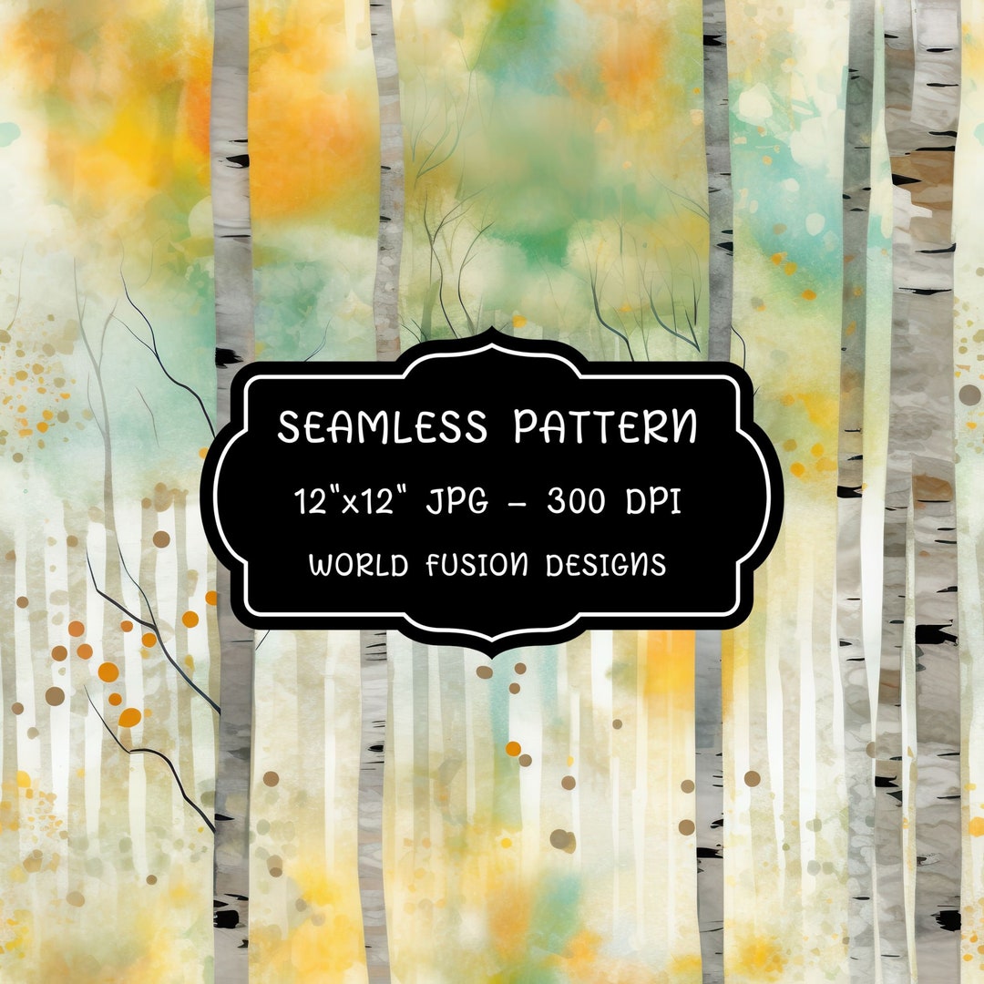 Birch Tree Forest Seamless Pattern in Teal and Yellow, 12x12 Digital ...