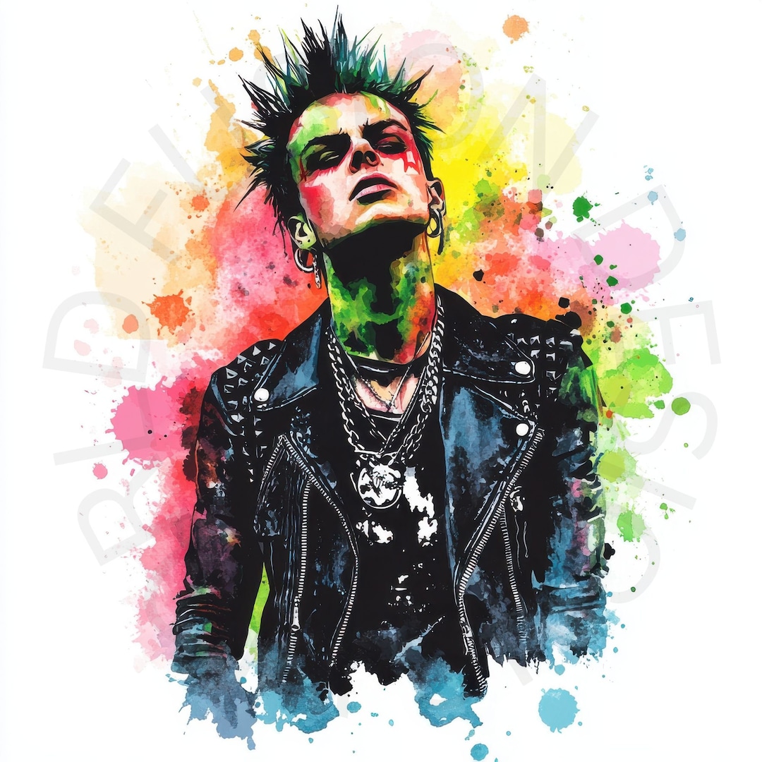 Digital Punk Rocker Watercolor Clipart, Edgy Grunge AI Illustration Set ...