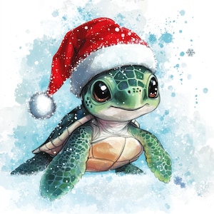 May include: A green sea turtle with large dark eyes wearing a red and white Santa hat. The illustration features a watercolor style with blue paint splatters and white snowflakes surrounding the turtle against a plain white background.
