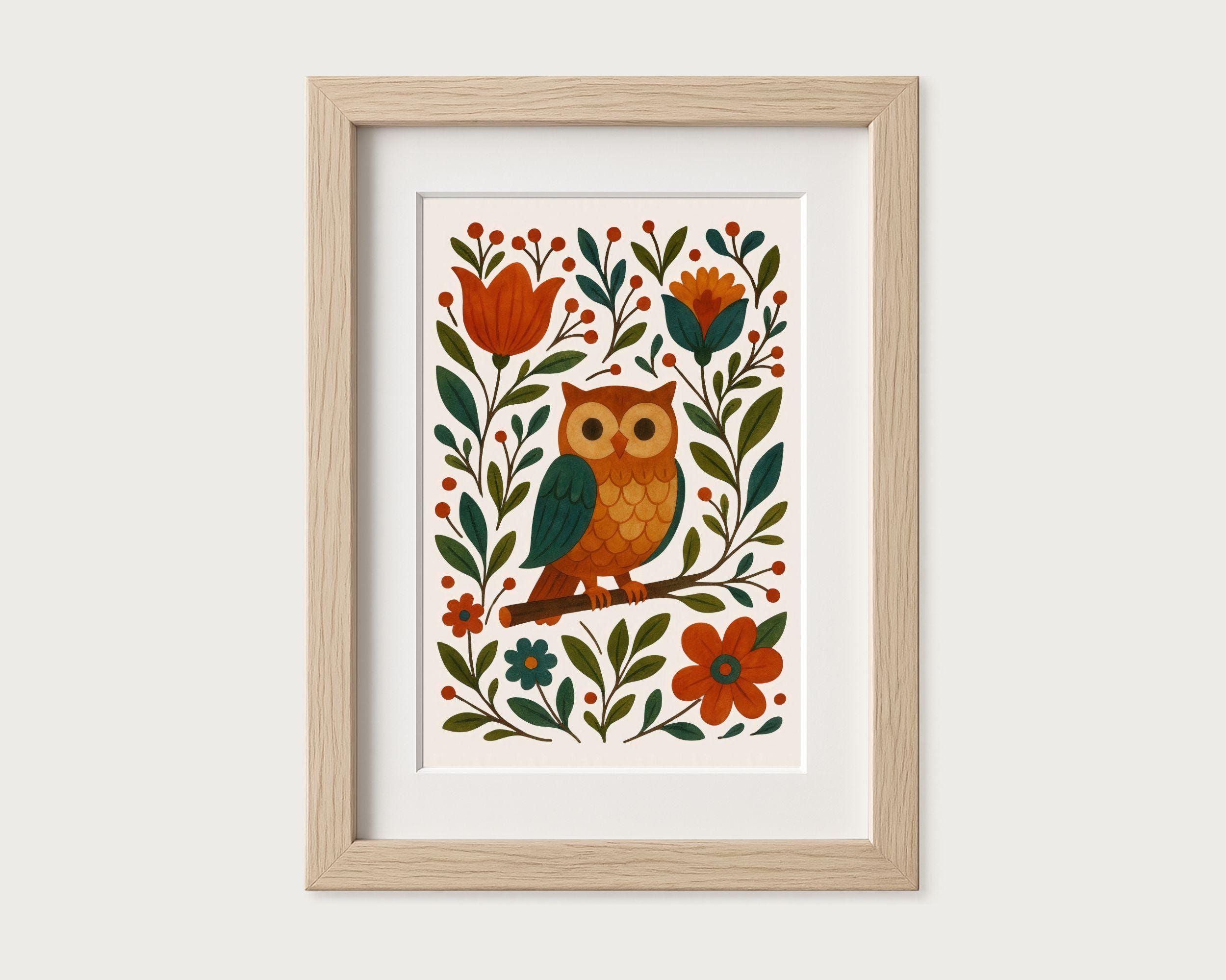 Nordic Folk Owl Printable | Scandinavian Floral Wall Art