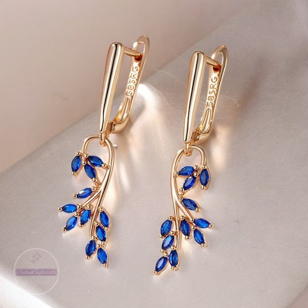 Boucles d'oreilles pendantes feuille de zircon bleu - Boucles d'oreilles longues élégantes en or rose 585 pour femme - Cadeau de fête parfait, création de bijoux unique