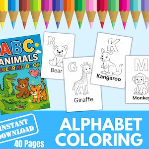 Alphabet Coloring Book for Kids | ABC Animals Printable | Educational Activity | Digital Download | Preschool Homeschool Learning