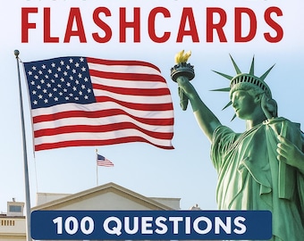 May include: Image of flashcards for the U.S. Citizenship Test. The title is in large red letters. The American flag waves in the wind. The Statue of Liberty is on the right. The text "100 Questions English and Spanish" is at the bottom.
