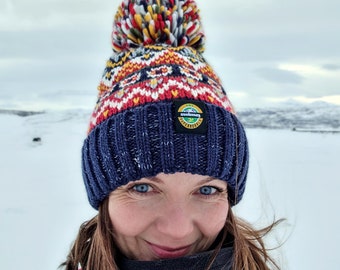 Midnight Blue Traditional Fairisle Super Bobble Hat