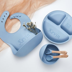 Set de sevrage personnalisé en silicone, Set de sevrage gravé pour tout-petits, Set d'alimentation pour bébé avec nom, Respectueux de l'environnement, Assiette pour bébé, Cadeau pour bébé image 4