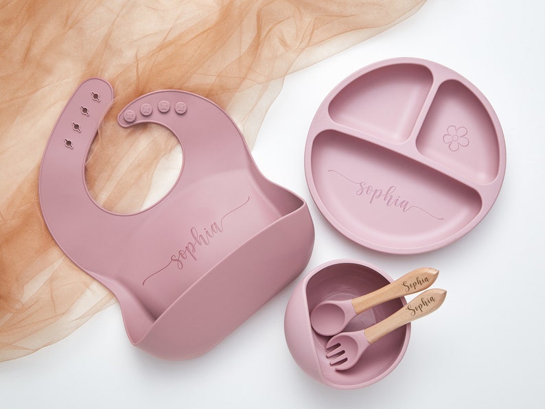 Set de sevrage personnalisé en silicone, Set de sevrage gravé pour tout-petits, Set d'alimentation pour bébé avec nom, Respectueux de l'environnement, Assiette pour bébé, Cadeau pour bébé image 3