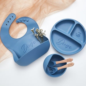 Set de sevrage personnalisé en silicone, Set de sevrage gravé pour tout-petits, Set d'alimentation pour bébé avec nom, Respectueux de l'environnement, Assiette pour bébé, Cadeau pour bébé image 5