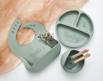 Personalisierte Silikon-Weaning-Set, benutzerdefinierte Baby-Teller, Cartoon-Weaning-Set für Kleinkind-Baby-Kinder, Fütterungsset mit Namen, Babypartygeschenk für sie