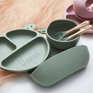 Personalized Silicone Weaning Set,Engraved Weaning Set for Toddler Baby Kids,Baby Feeding Set with Name,Eco-Friendly,Baby Plate,Baby Gift image 1