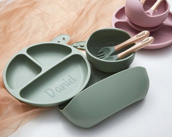 Set de sevrage personnalisé en silicone, Set de sevrage gravé pour tout-petits, Set d'alimentation pour bébé avec nom, Respectueux de l'environnement, Assiette pour bébé, Cadeau pour bébé