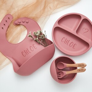 Set de sevrage personnalisé en silicone, Set de sevrage gravé pour tout-petits, Set d'alimentation pour bébé avec nom, Respectueux de l'environnement, Assiette pour bébé, Cadeau pour bébé image 6