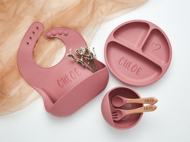 Personalized Silicone Weaning Set,Engraved Weaning Set for Toddler Baby Kids,Baby Feeding Set with Name,Eco-Friendly,Baby Plate,Baby Gift image 6