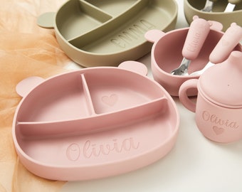 Personalisierte Silikon-Weaning-Set, Cartoon-Weaning-Set für Kleinkind-Baby-Kinder, Fütterungsset mit Name, umweltfreundlich, Babypartygeschenk BPA frei