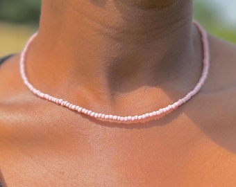 Baby Pink Seed Bead Choker - Handmade Boho Necklace, Layering Necklace, Dainty Beaded Beachy Jewelry