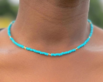 Turquoise Seed Bead Choker - Handmade Boho Necklace, Layering Necklace, Dainty Beaded Beachy Jewelry
