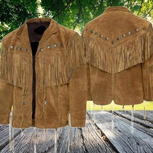 Blouson en cuir de style western pour hommes avec franges et tressage décoratif