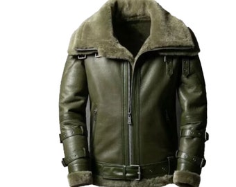 Chaqueta de cuero bomber RAF Aviator Flying Pilot B3 verde para hombre, piel de oveja con chaqueta de cuero de doble cuello de piel sintética de shearling, regalo para él