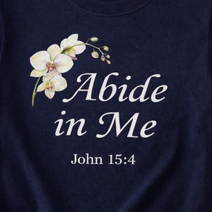Soft cotton christian shirt texture abide in me navy fabric premium feel close up