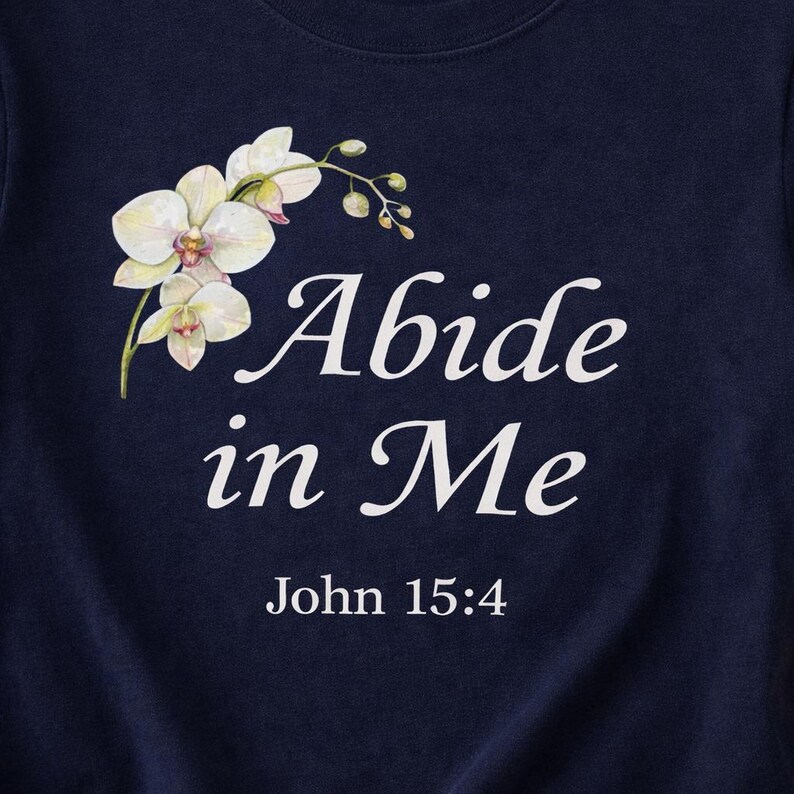 Soft cotton christian shirt texture abide in me navy fabric premium feel close up